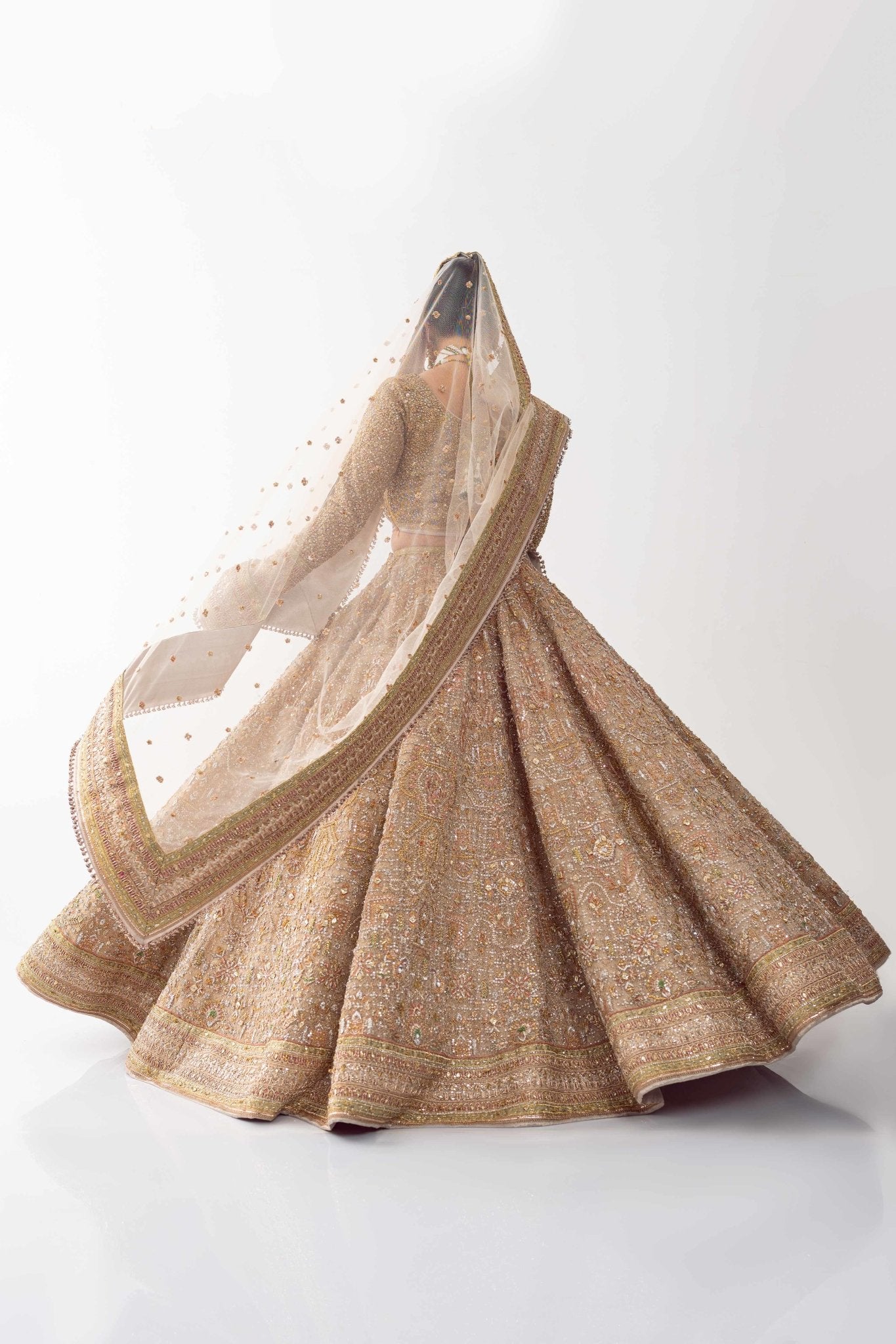 Dull Gold Embroidered Net Bridal Lehenga (3-Piece) - Image 10