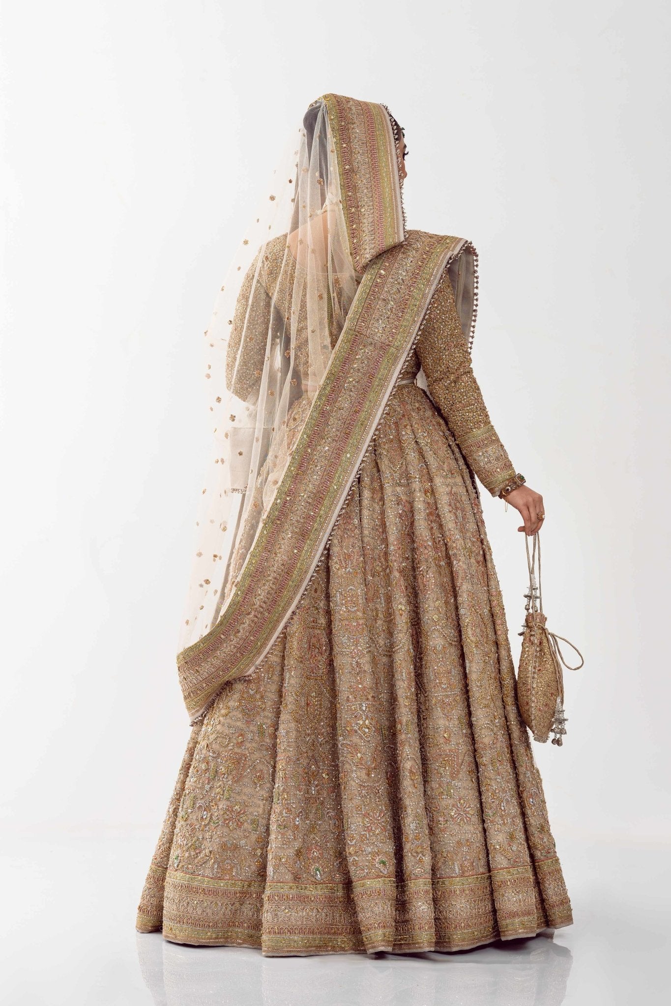 Dull Gold Embroidered Net Bridal Lehenga (3-Piece) - Image 11