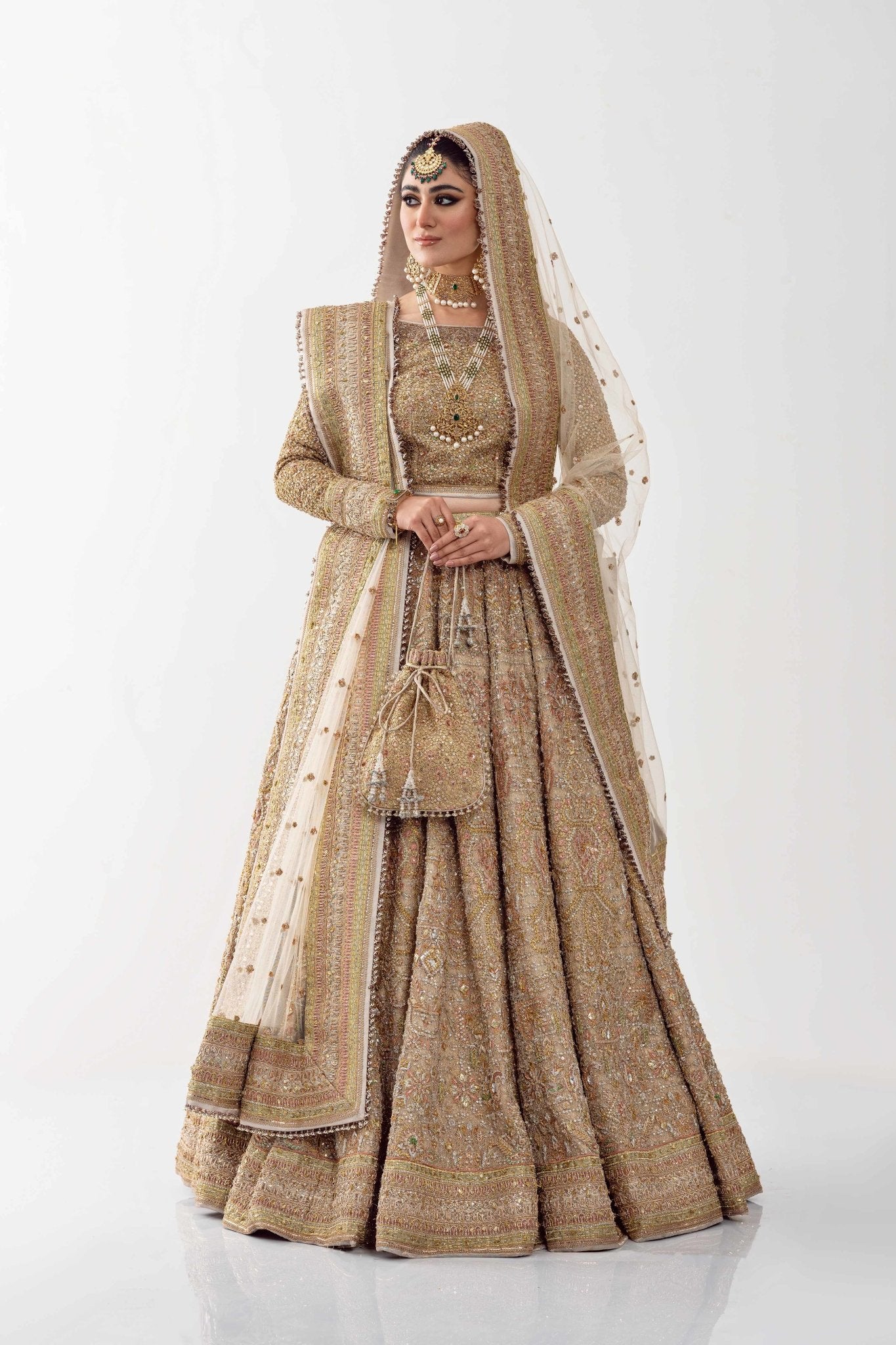 Dull Gold Embroidered Net Bridal Lehenga (3-Piece) - Image 2