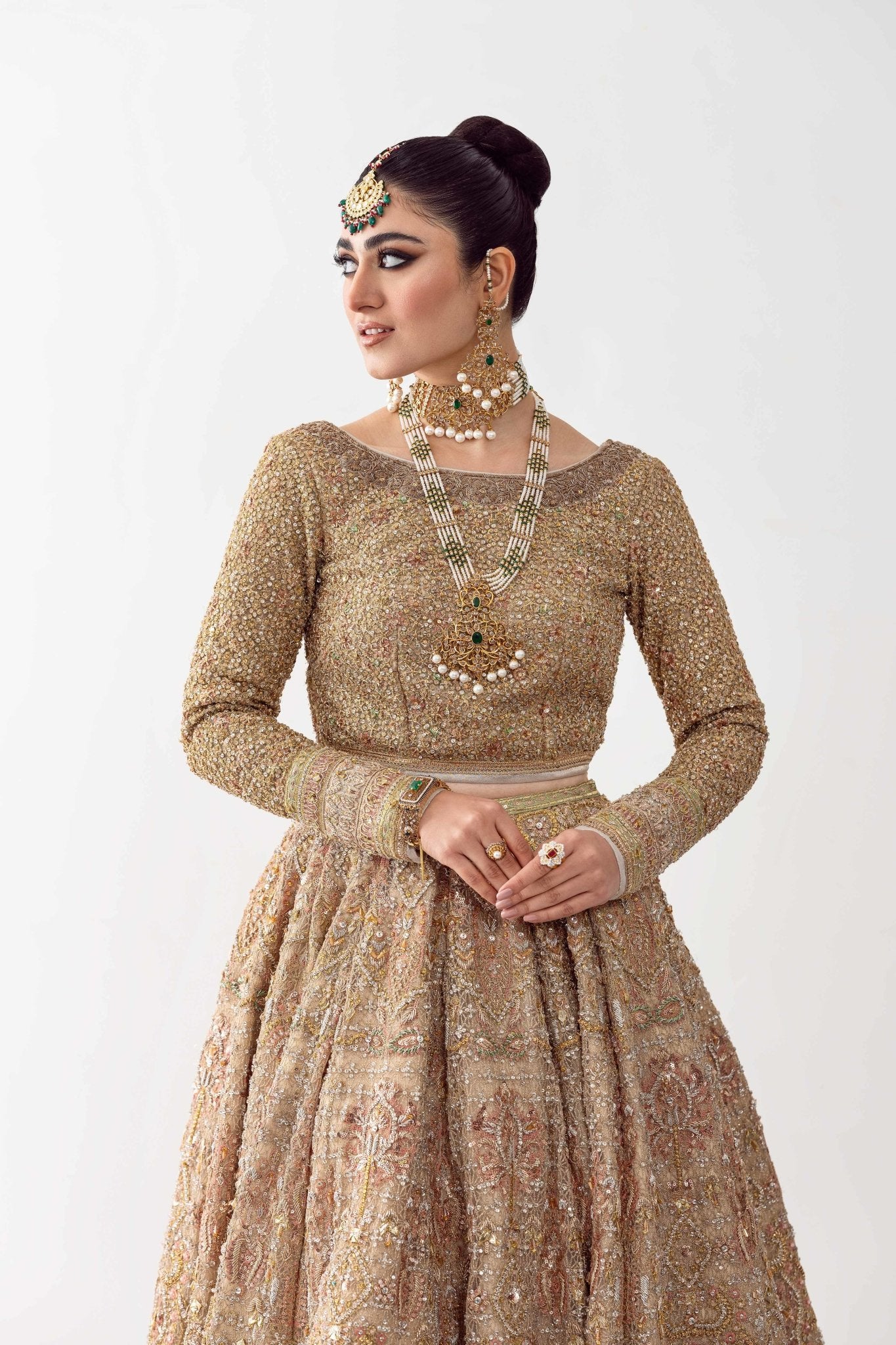 Dull Gold Embroidered Net Bridal Lehenga (3-Piece) - Image 4