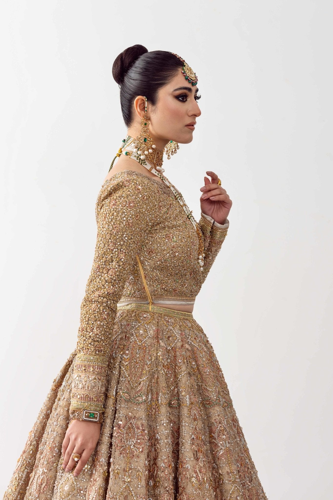 Dull Gold Embroidered Net Bridal Lehenga (3-Piece) - Image 5