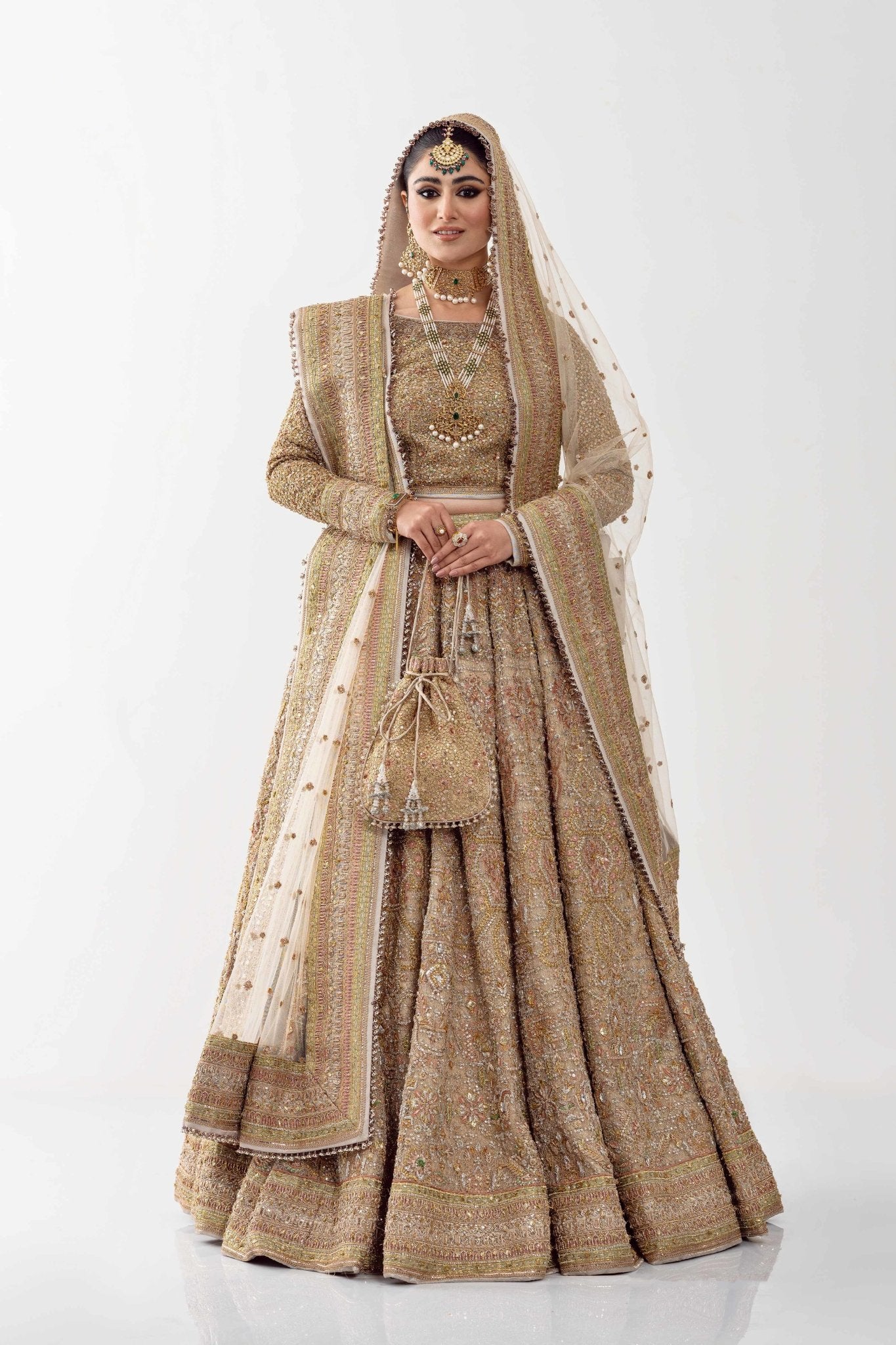Dull Gold Embroidered Net Bridal Lehenga (3-Piece) - Image 7