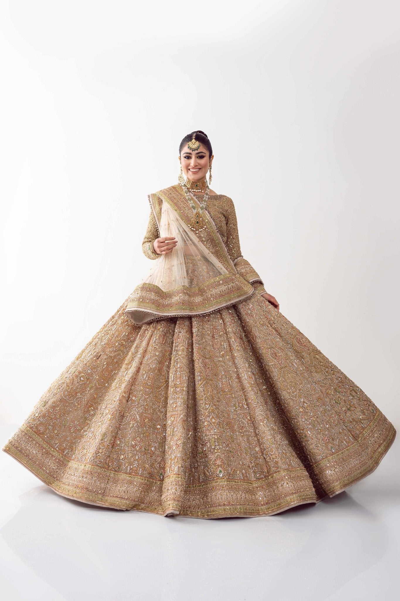 Dull Gold Embroidered Net Bridal Lehenga (3-Piece) - Image 8
