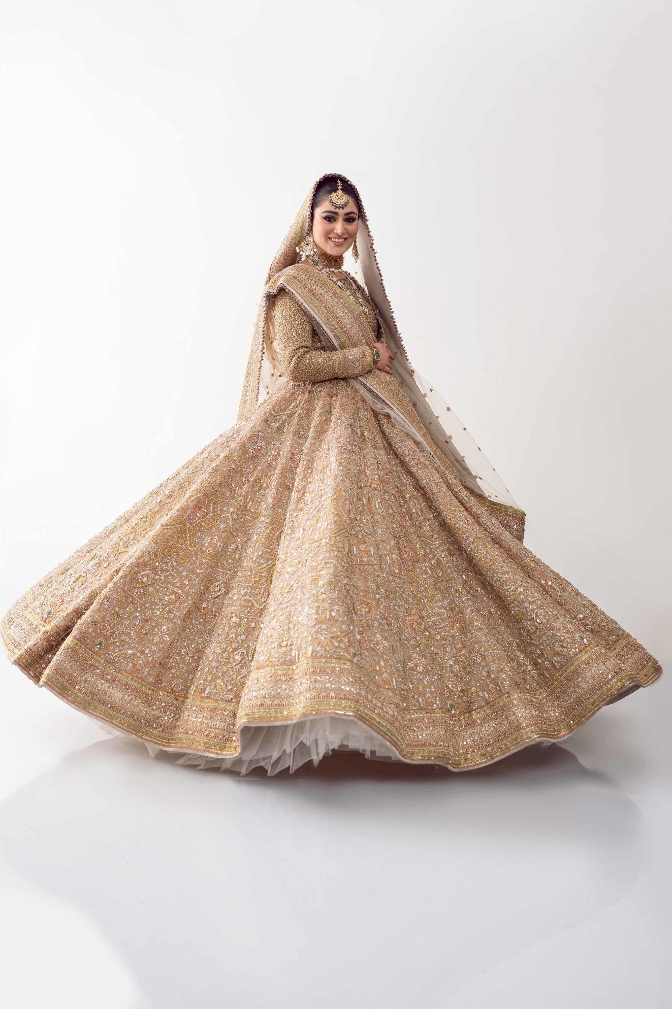 Dull Gold Embroidered Net Bridal Lehenga (3-Piece) - Image 9