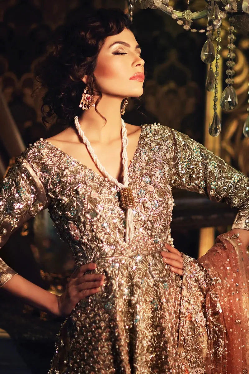 Pakistani Dull Gold & Peach Embellished Net Lehenga (3-Piece) - Image 3