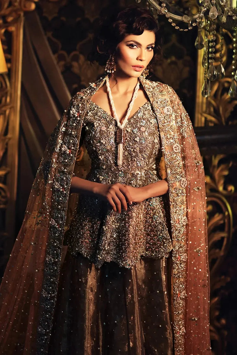 Pakistani Dull Gold & Peach Embellished Net Lehenga (3-Piece) - Image 5