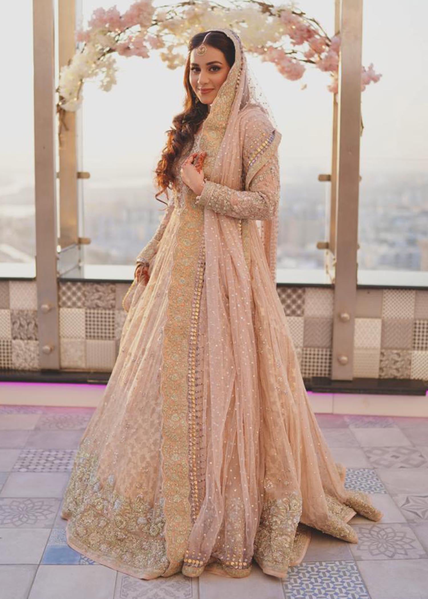 Blush Gold Embroidered Net Silk Bridal Lehenga (3-Piece) - Image 1