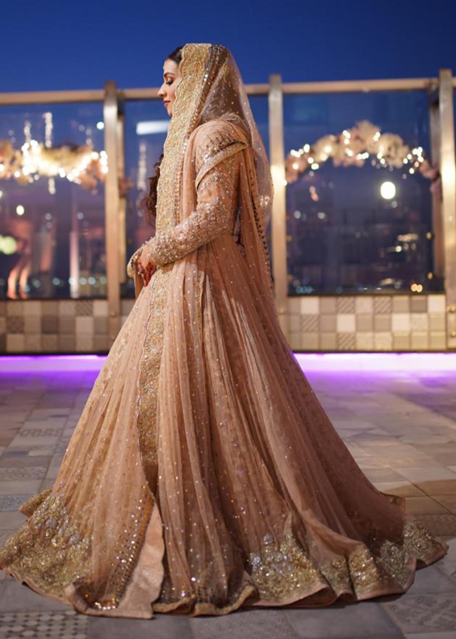 Blush Gold Embroidered Net Silk Bridal Lehenga (3-Piece) - Image 2