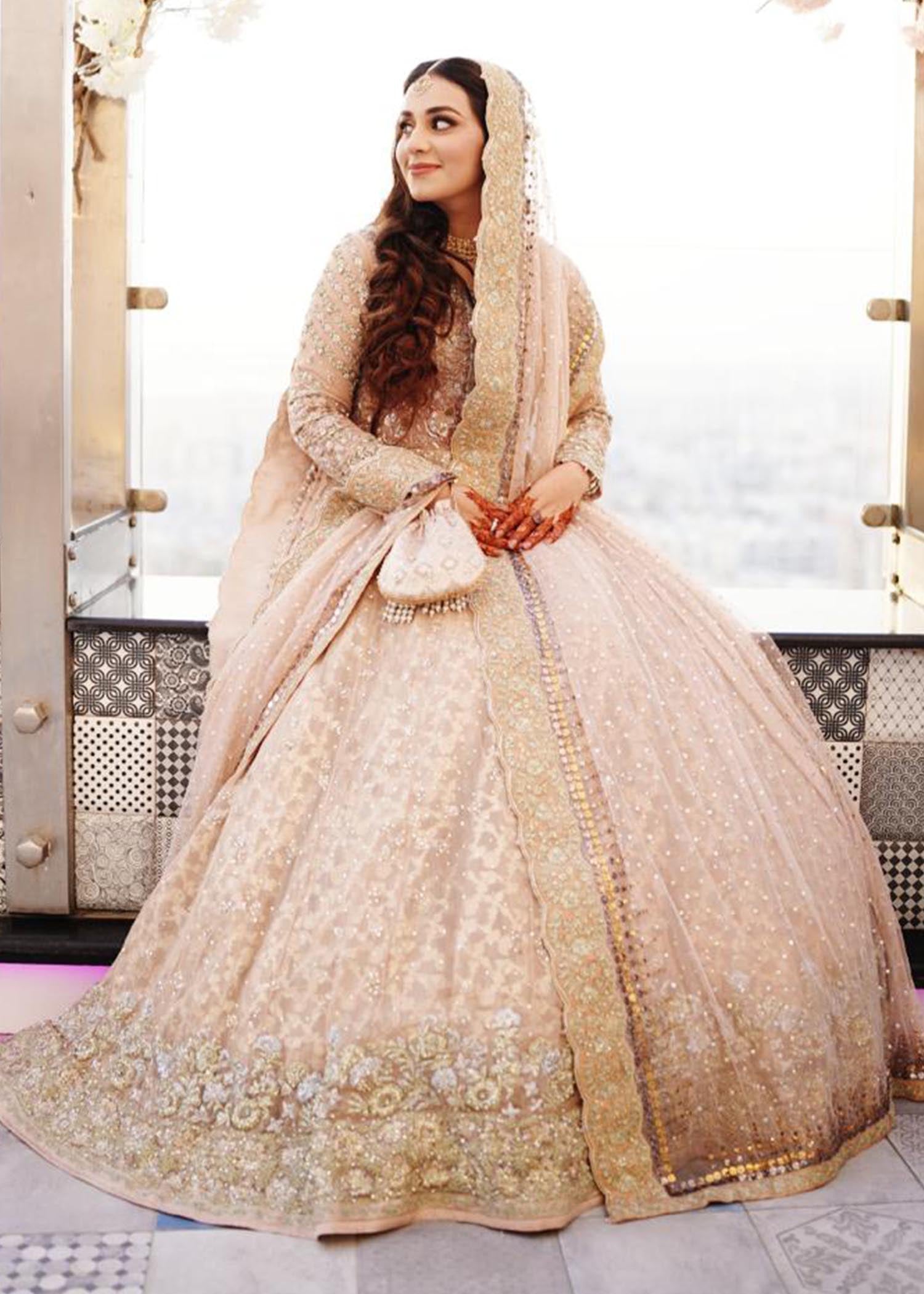 Blush Gold Embroidered Net Silk Bridal Lehenga (3-Piece) - Image 3