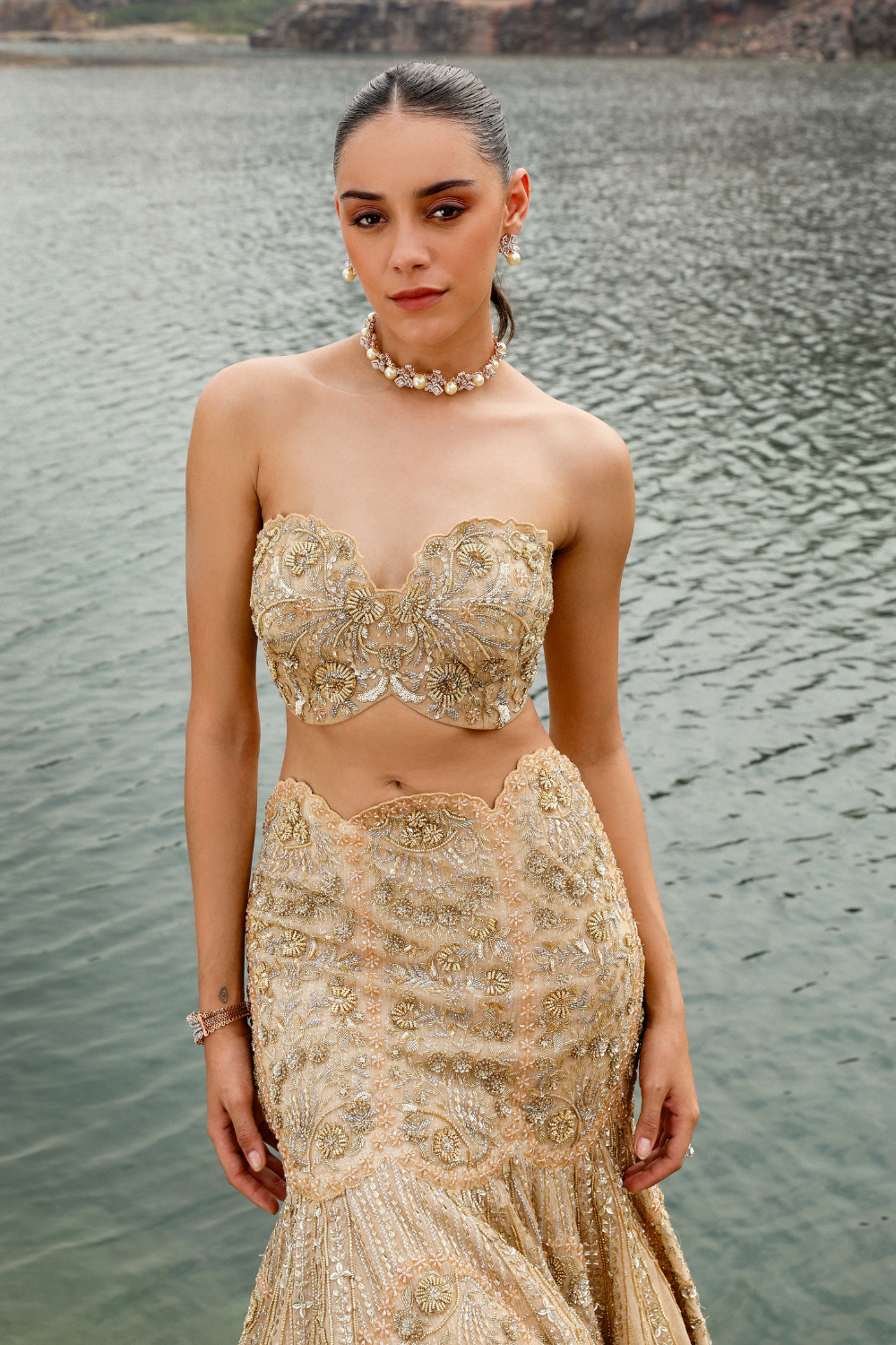 Gold Hand-Embroidered Net Fish-Cut Lehenga (3-Piece) - Image 2