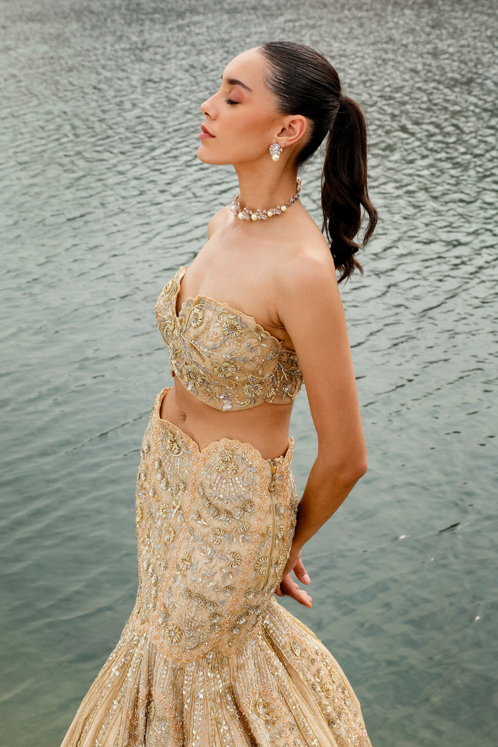 Gold Hand-Embroidered Net Fish-Cut Lehenga (3-Piece) - Image 3