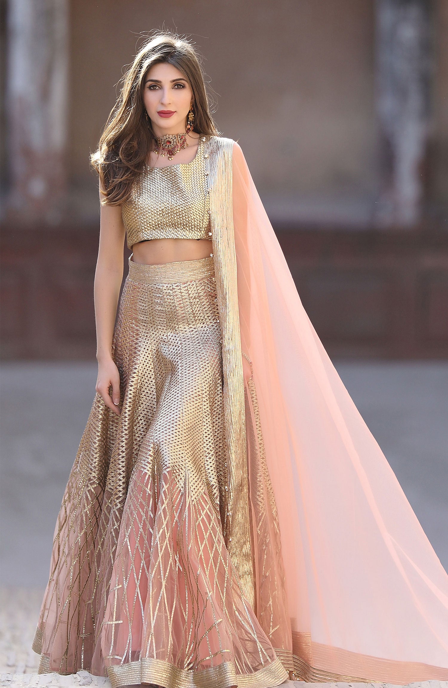 Pakistani Rose Gold Gota Net & Silk Lehenga Set (3-Piece) - Image 2