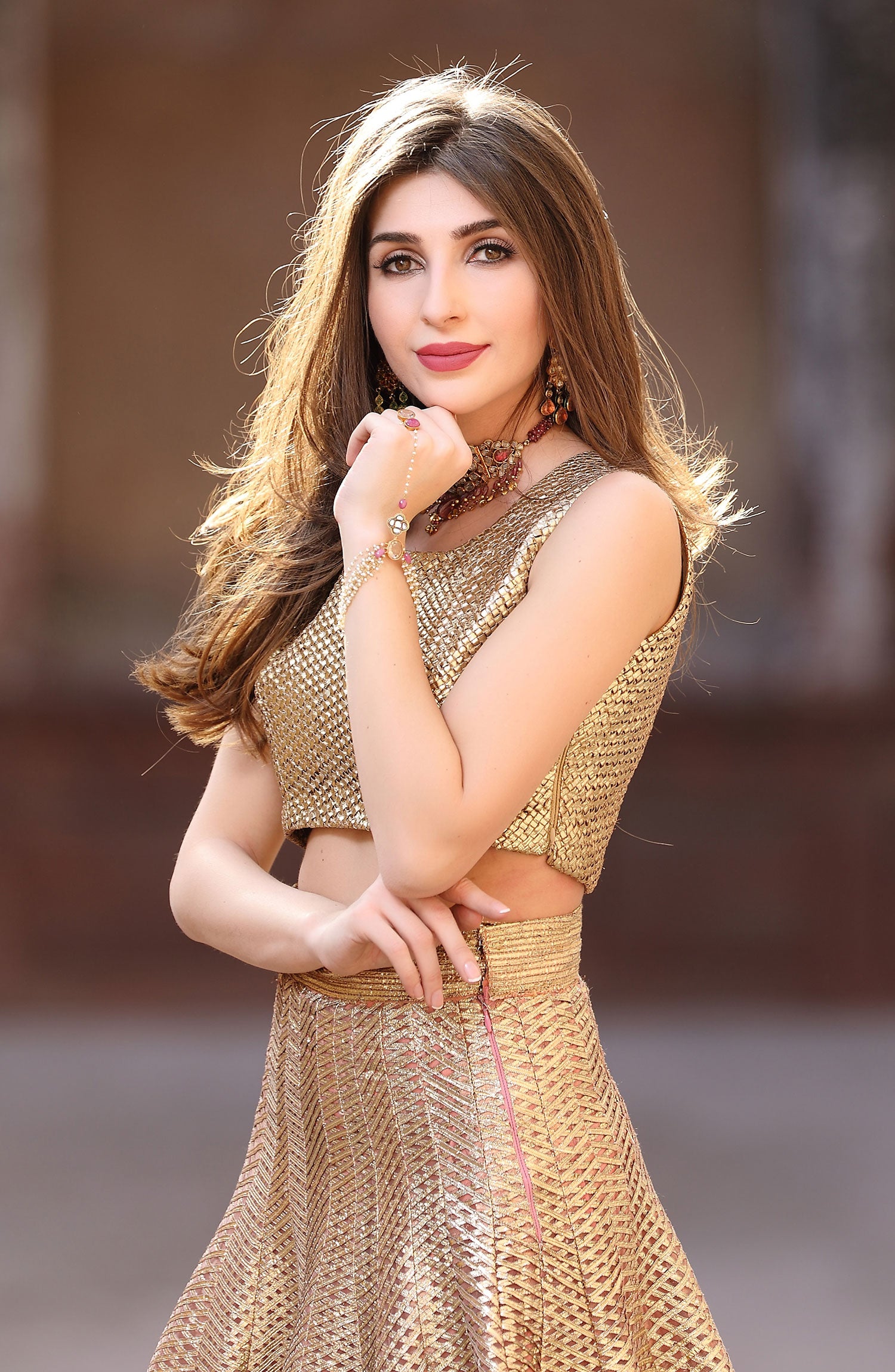 Pakistani Rose Gold Gota Net & Silk Lehenga Set (3-Piece) - Image 3