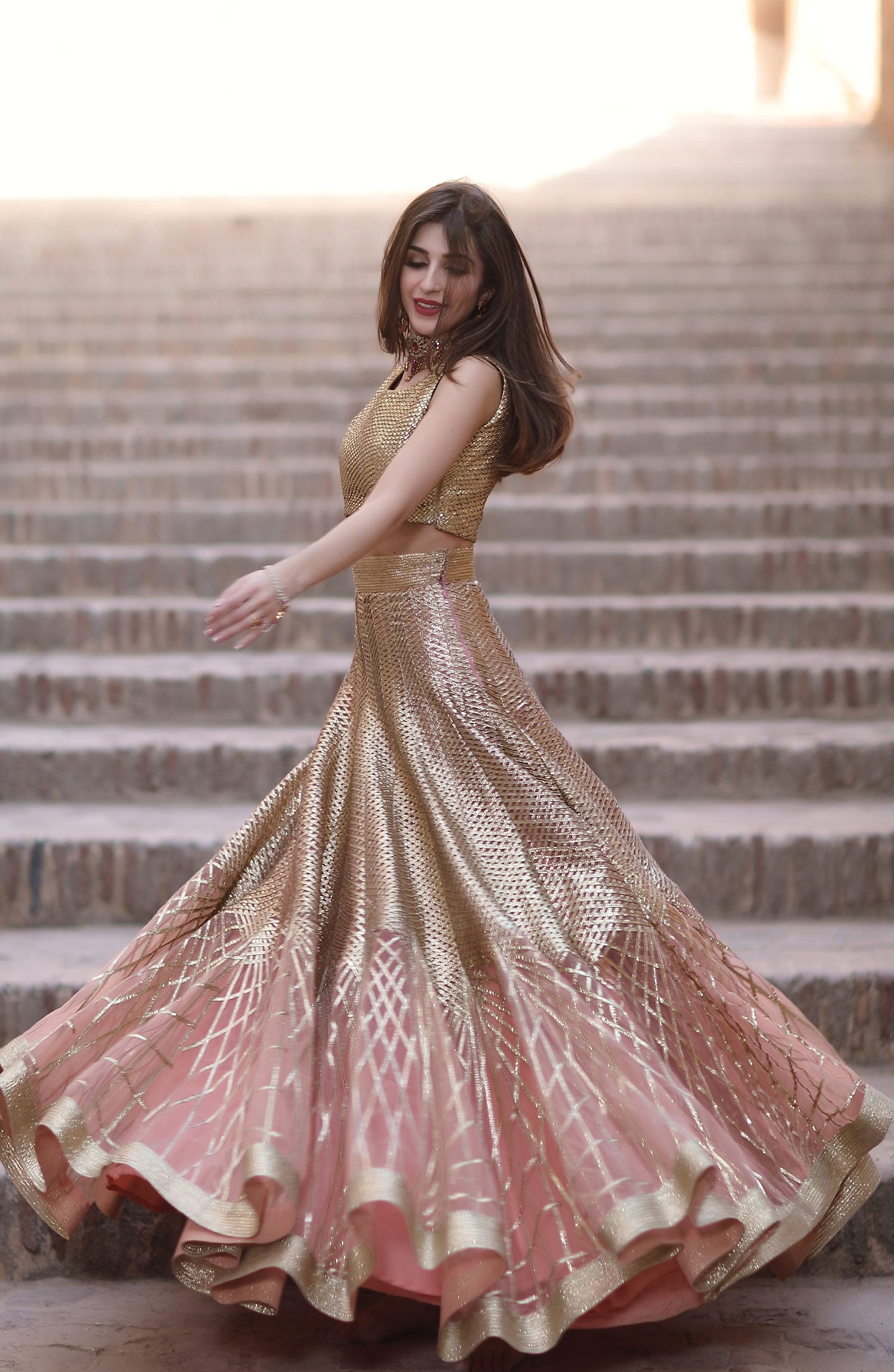 Pakistani Rose Gold Gota Net & Silk Lehenga Set (3-Piece) - Image 4