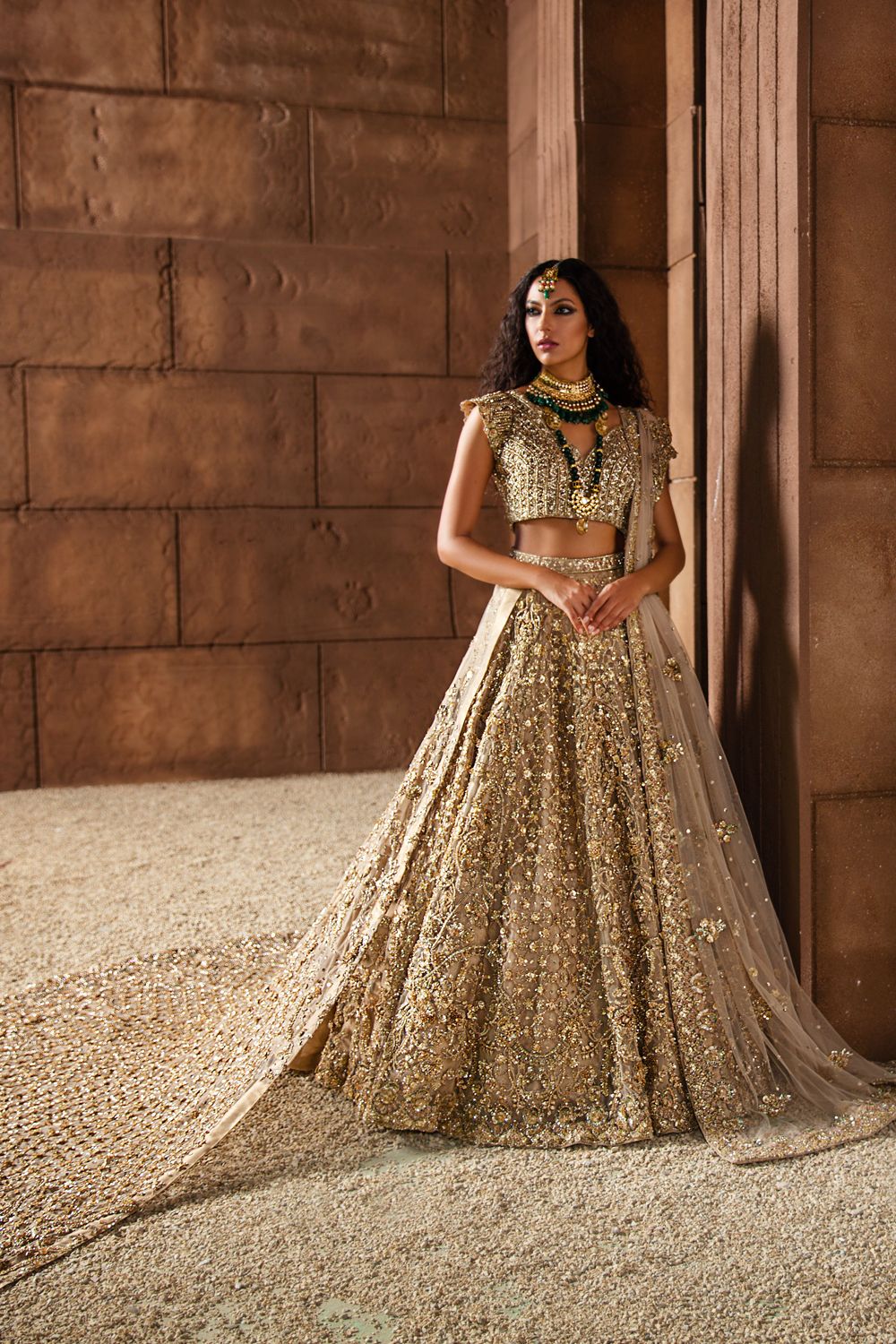 Champagne Embellished Net Bridal Lehenga (3-Piece) - Image 3