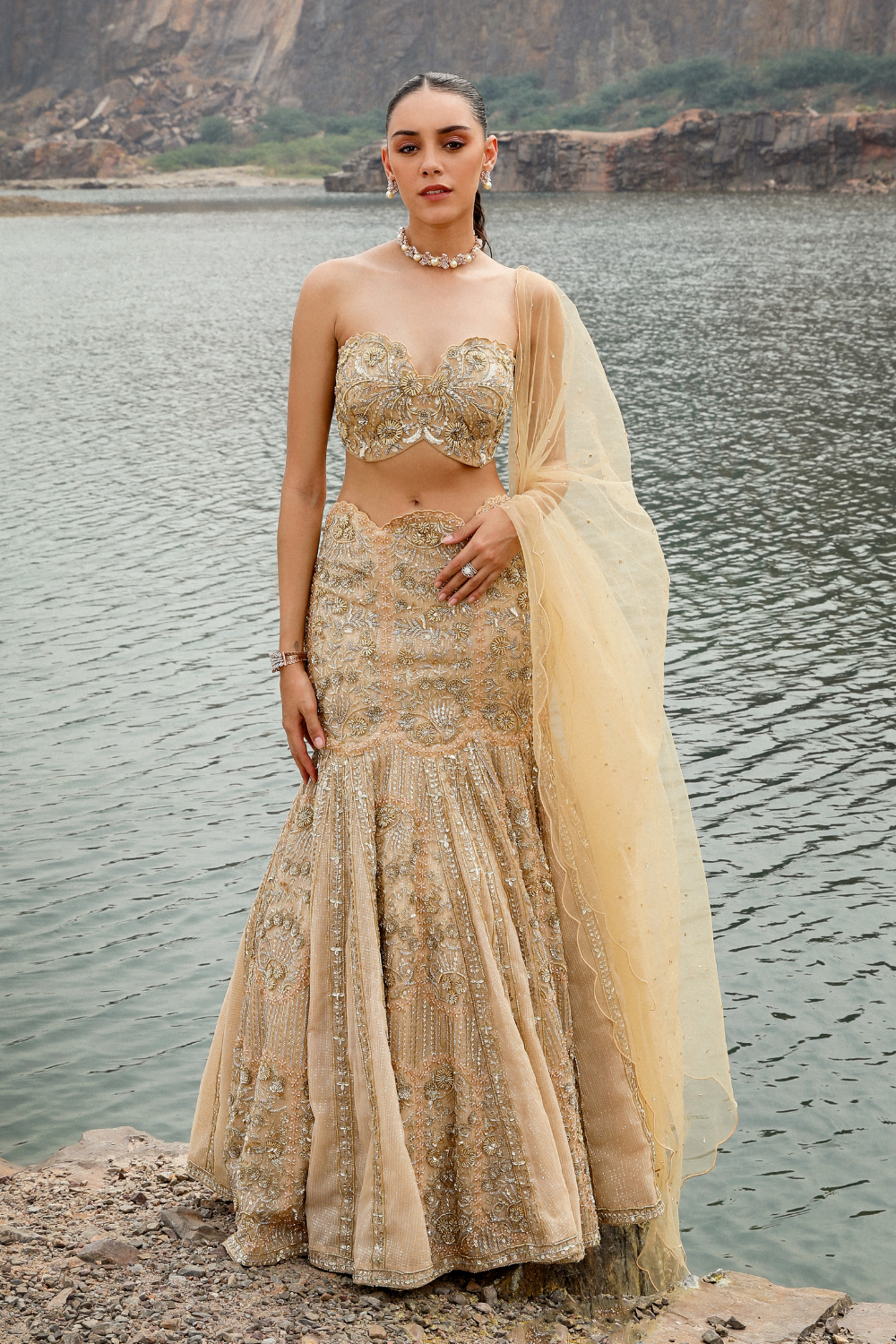 Gold Hand Embroidered Net Fish-Cut Lehenga (3-Piece) - Image 4