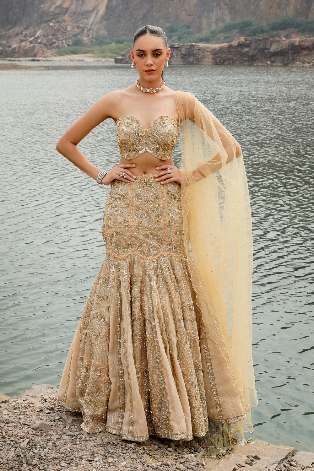 Gold Hand Embroidered Net Fish-Cut Lehenga (3-Piece) - Image 7
