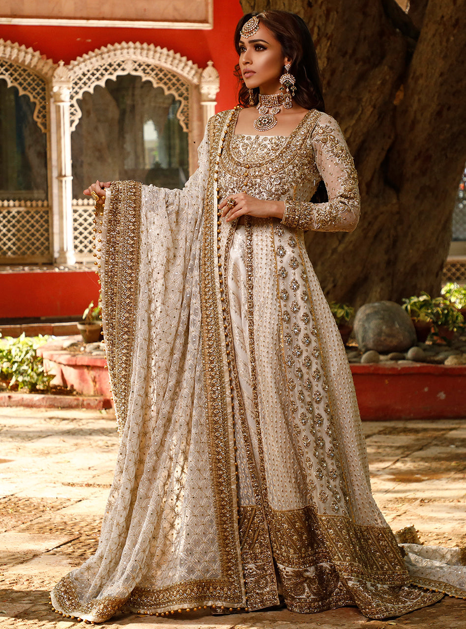 Pakistani Gold & Ivory Embellished Net Bridal Lehenga (3-Piece) - Image 1