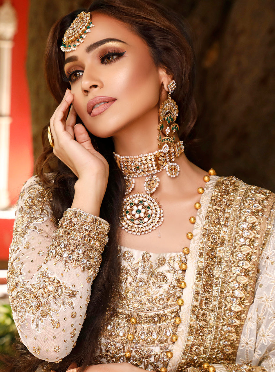 Pakistani Gold & Ivory Embellished Net Bridal Lehenga (3-Piece) - Image 4