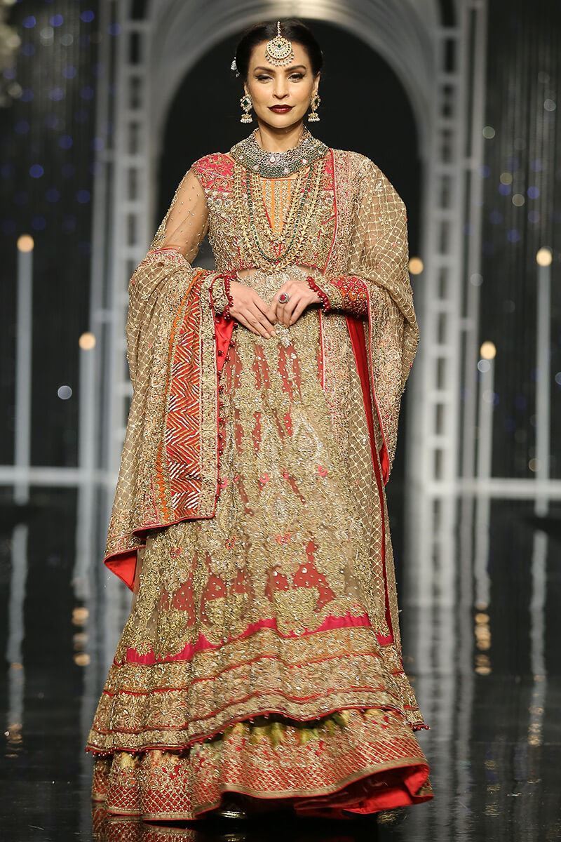 Pakistani Gold Embellished Net Bridal Gown (3-Piece) - Image 1
