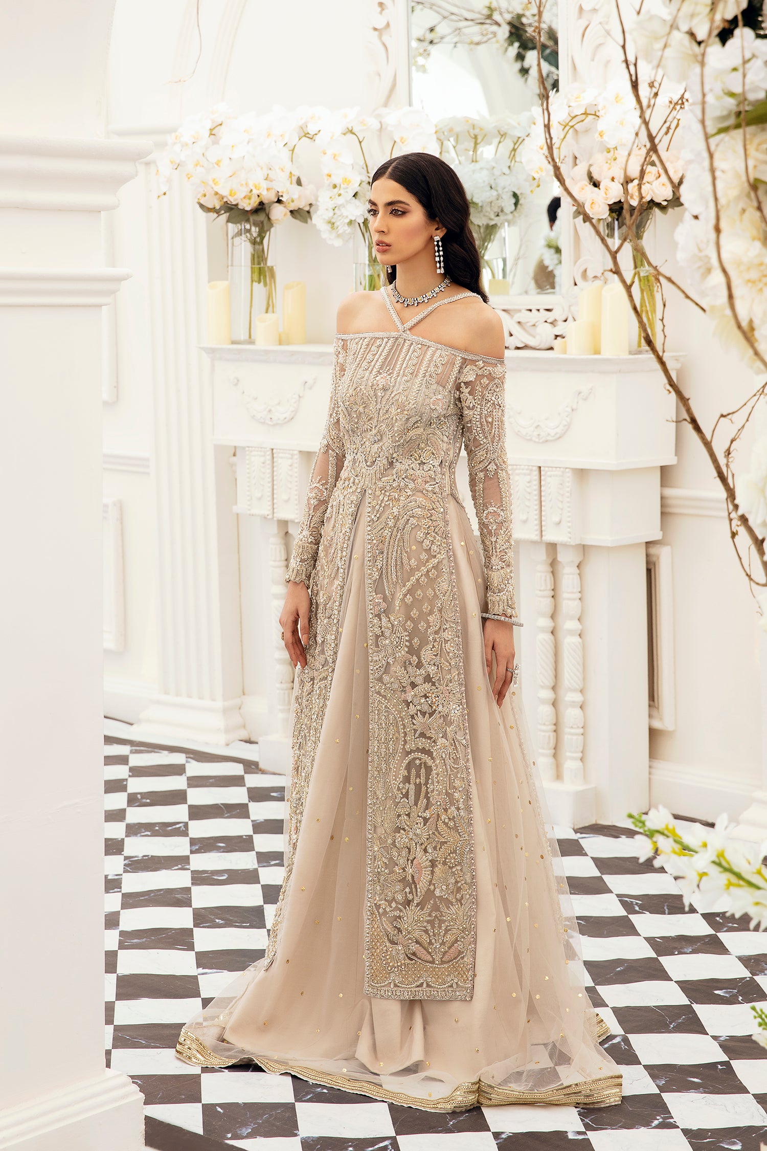 Pakistani Champagne Embellished Net Jacket and Lehnga (2-Piece) - Image 1