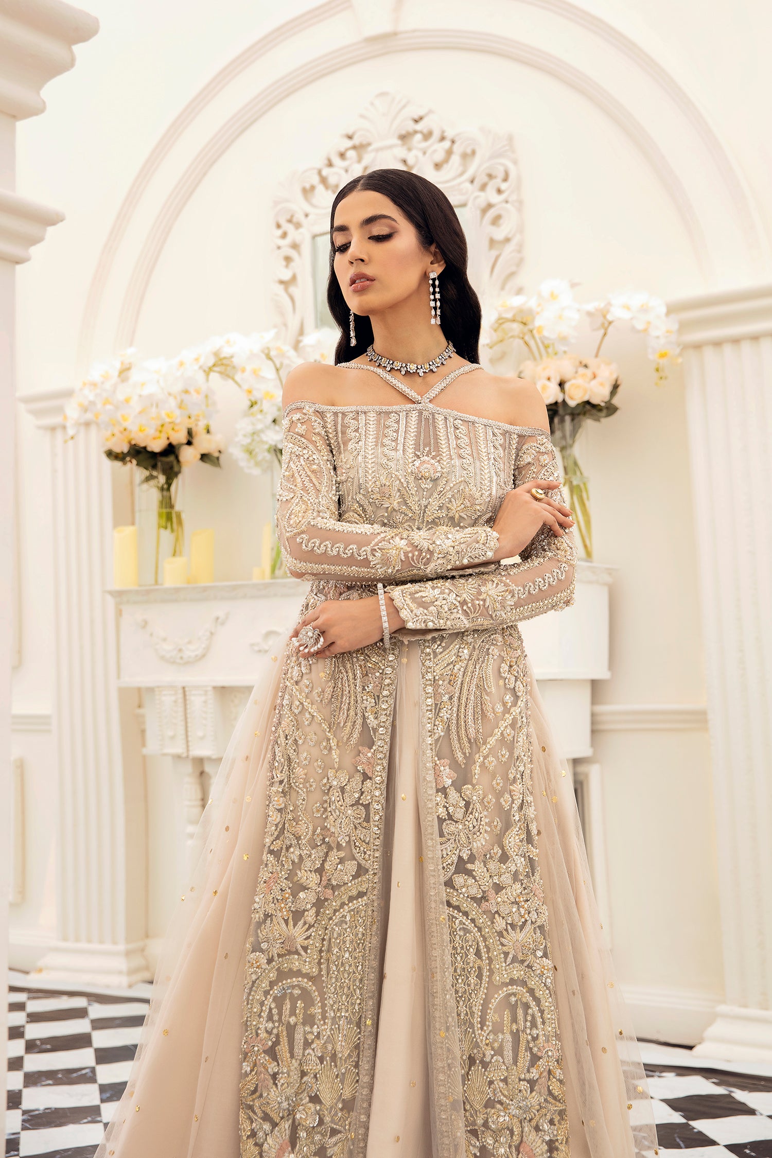 Pakistani Champagne Embellished Net Jacket and Lehnga (2-Piece) - Image 2