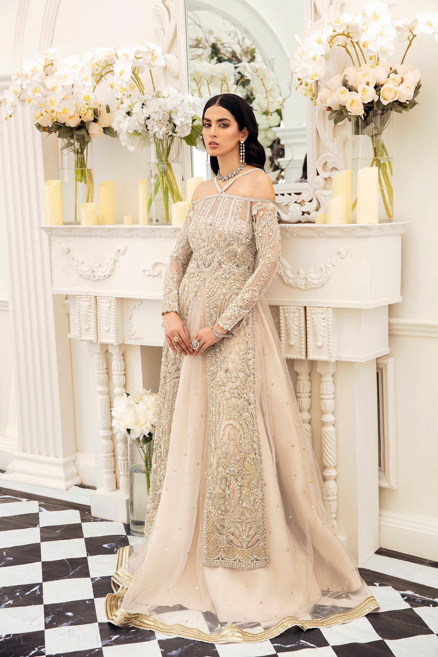 Pakistani Champagne Embellished Net Jacket and Lehnga (2-Piece) - Image 3