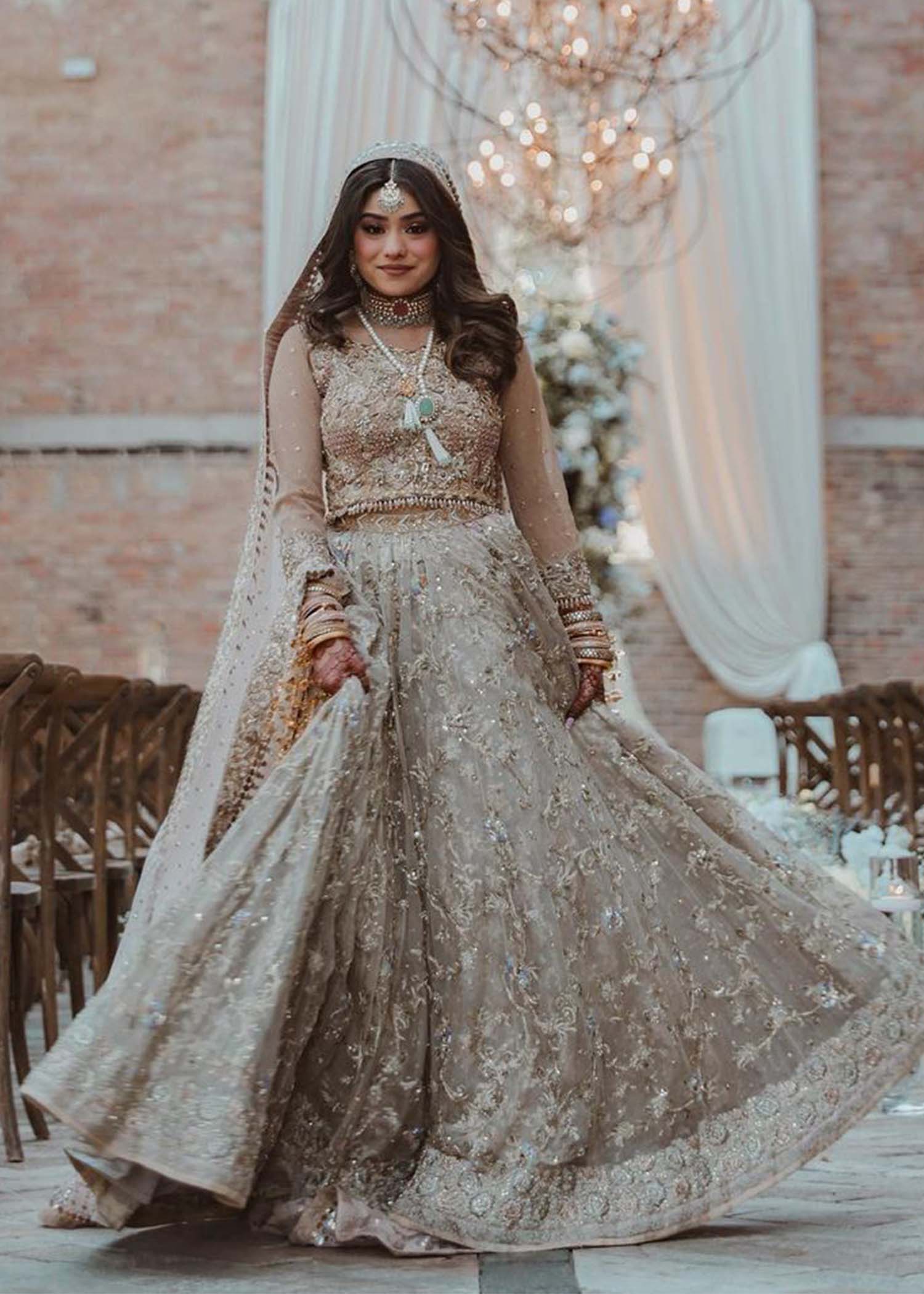 Champagne Embellished Net Bridal Lehenga (3-Piece) - Image 3