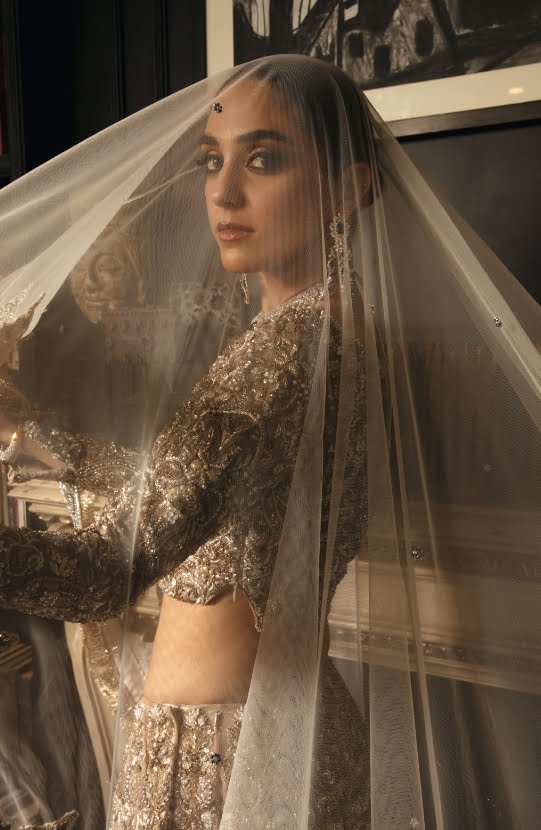 Pakistani Champagne Hand-Embellished Net Bridal Lehenga Choli (3-Piece) - Image 1