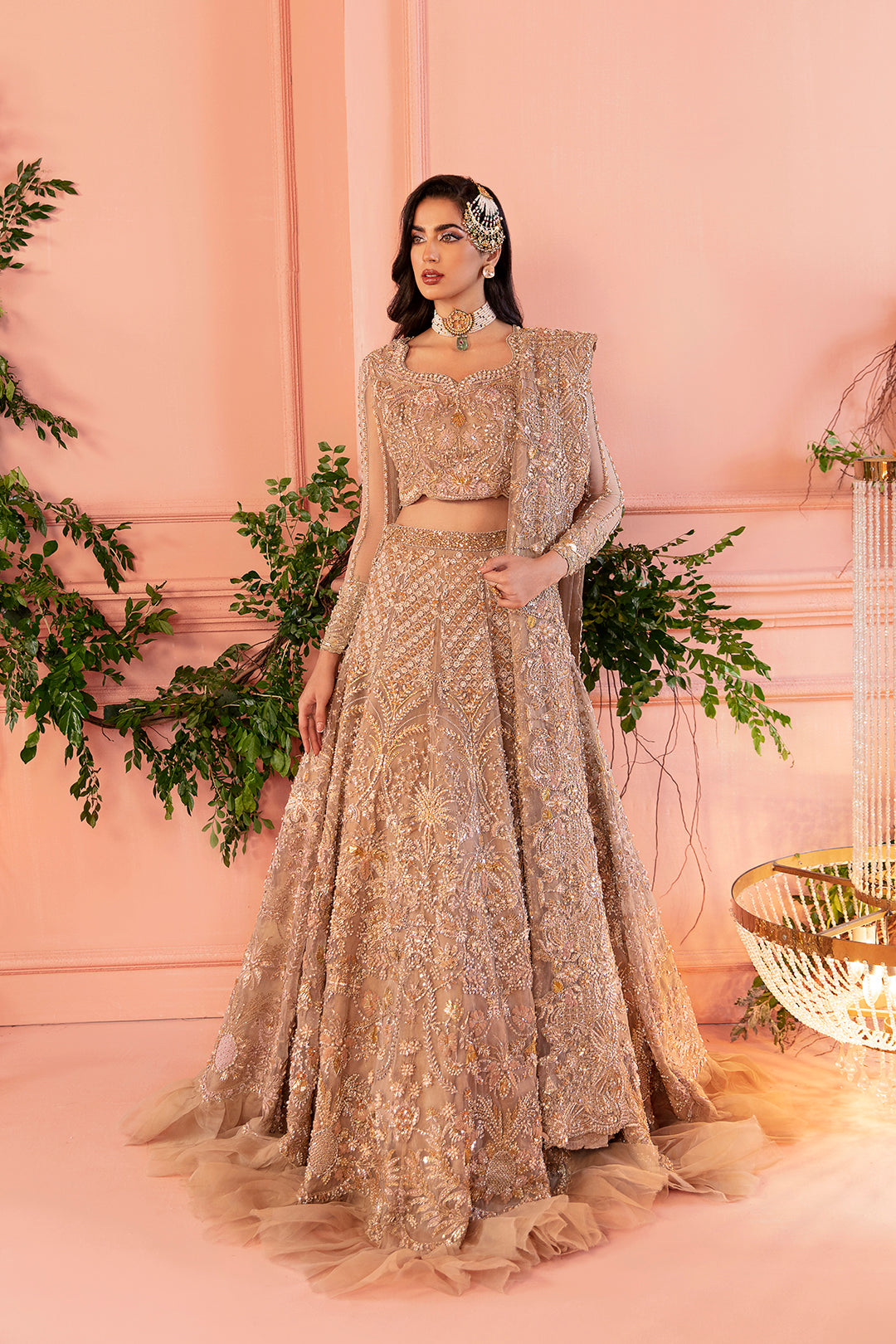 Champagne Gold Embellished Net Silk Bridal Lehenga (3-Piece) - Image 1