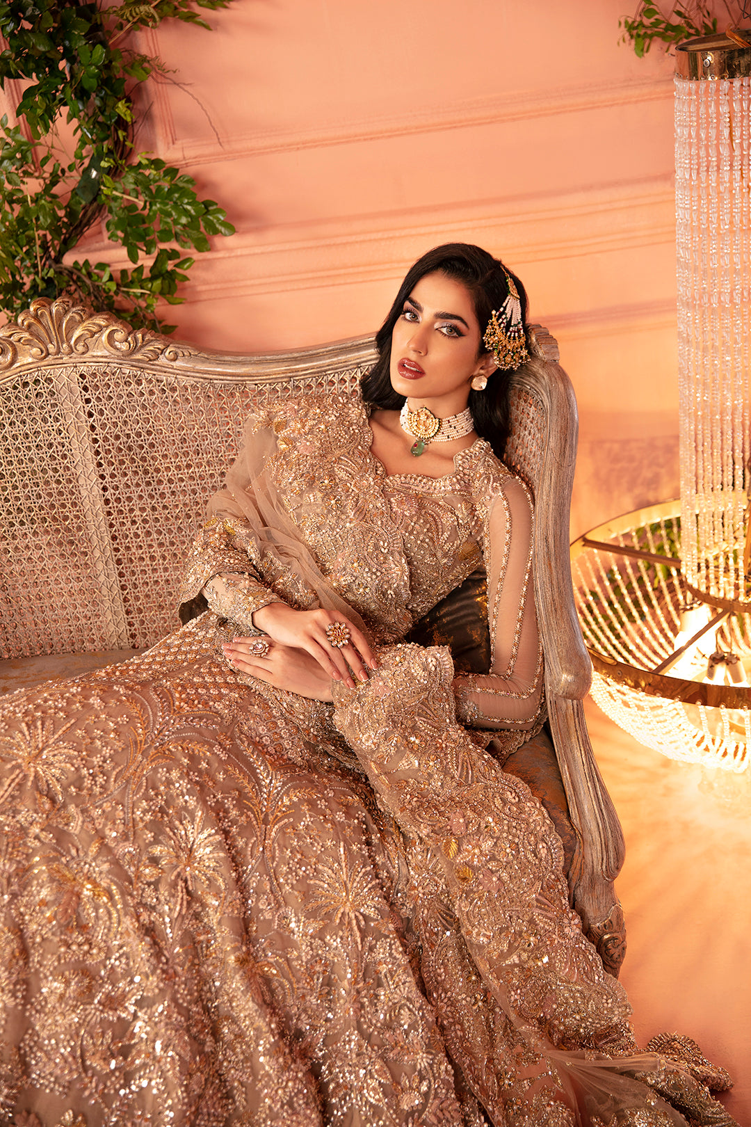 Champagne Gold Embellished Net Silk Bridal Lehenga (3-Piece) - Image 2