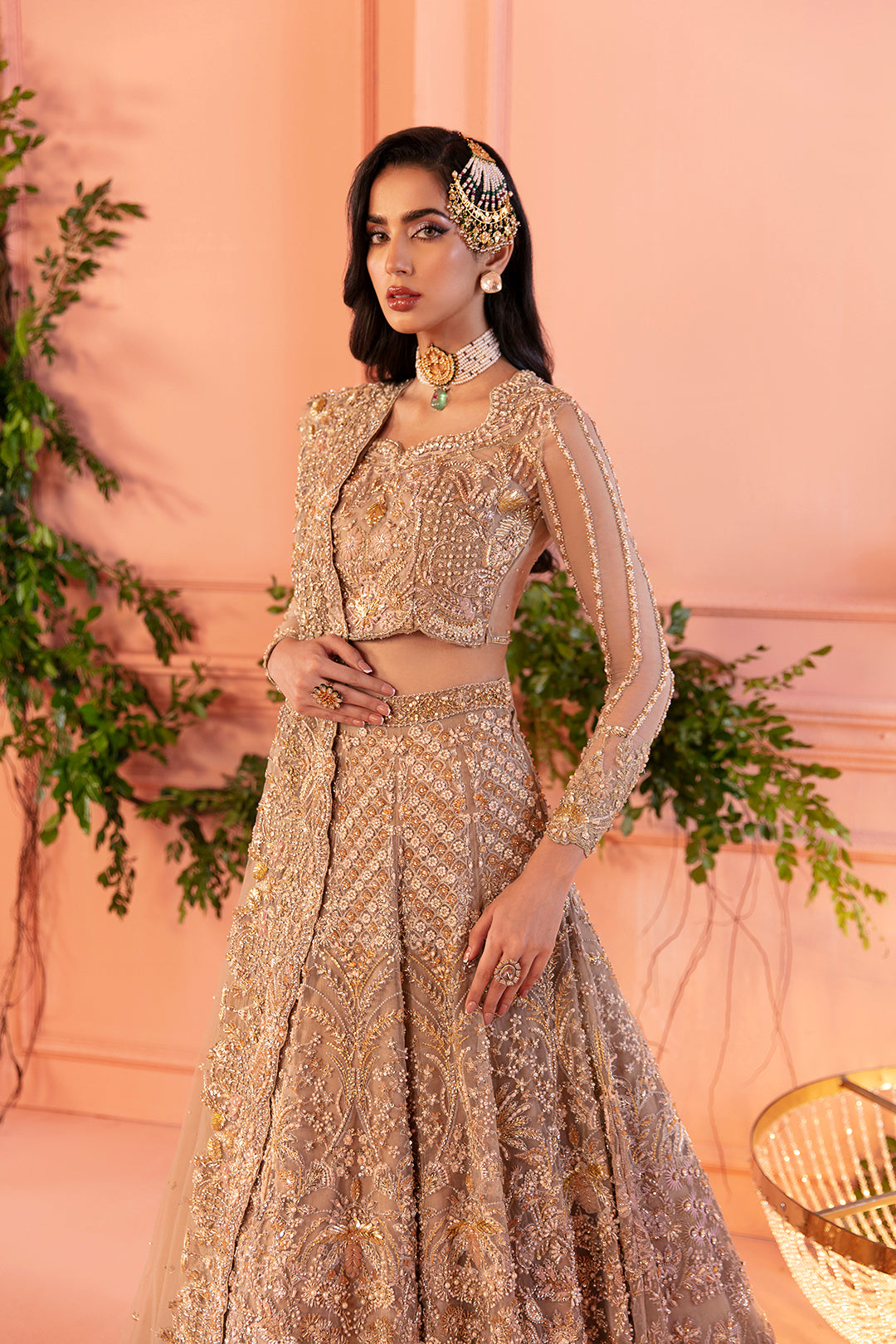 Champagne Gold Embellished Net Silk Bridal Lehenga (3-Piece) - Image 3