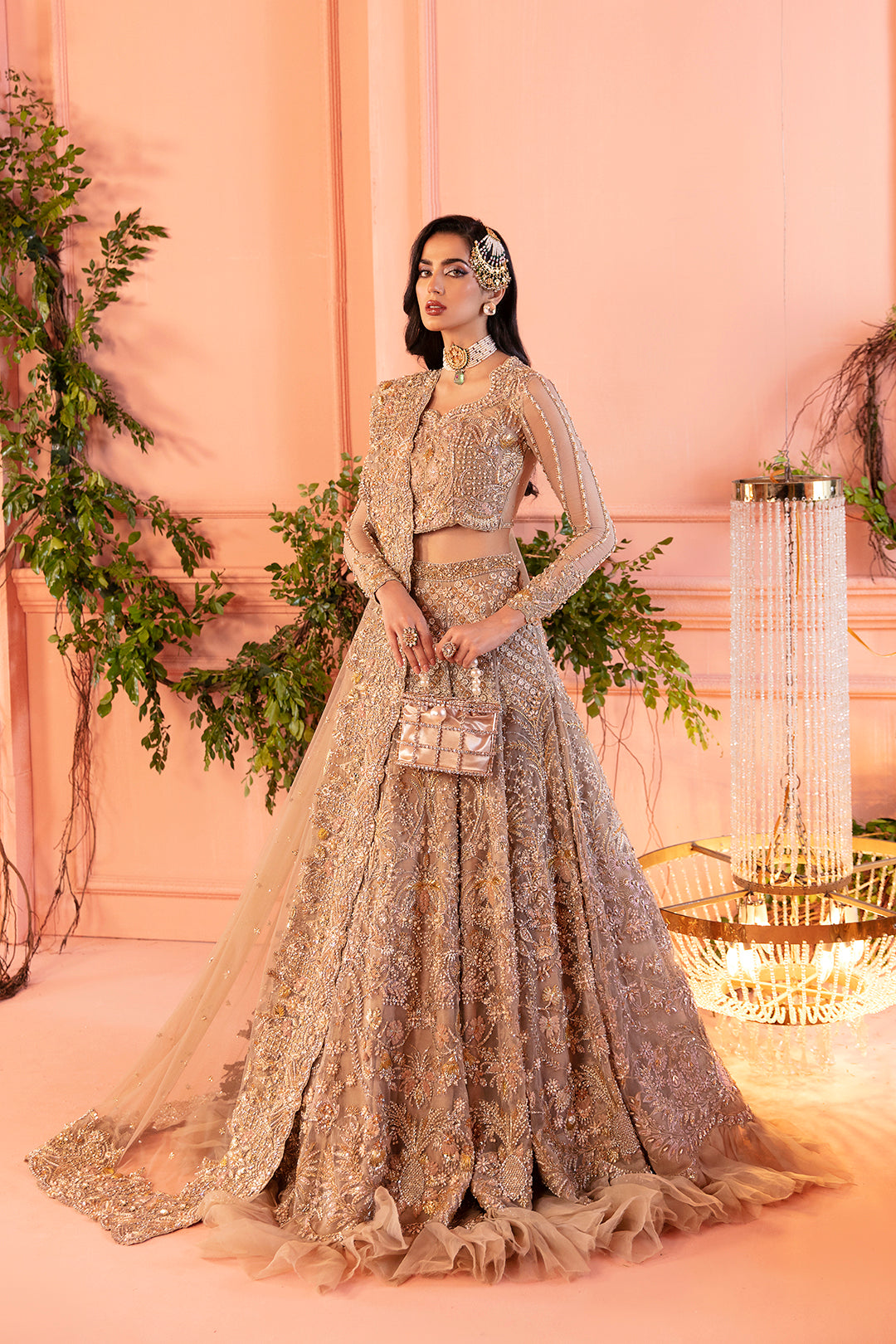 Champagne Gold Embellished Net Silk Bridal Lehenga (3-Piece) - Image 4