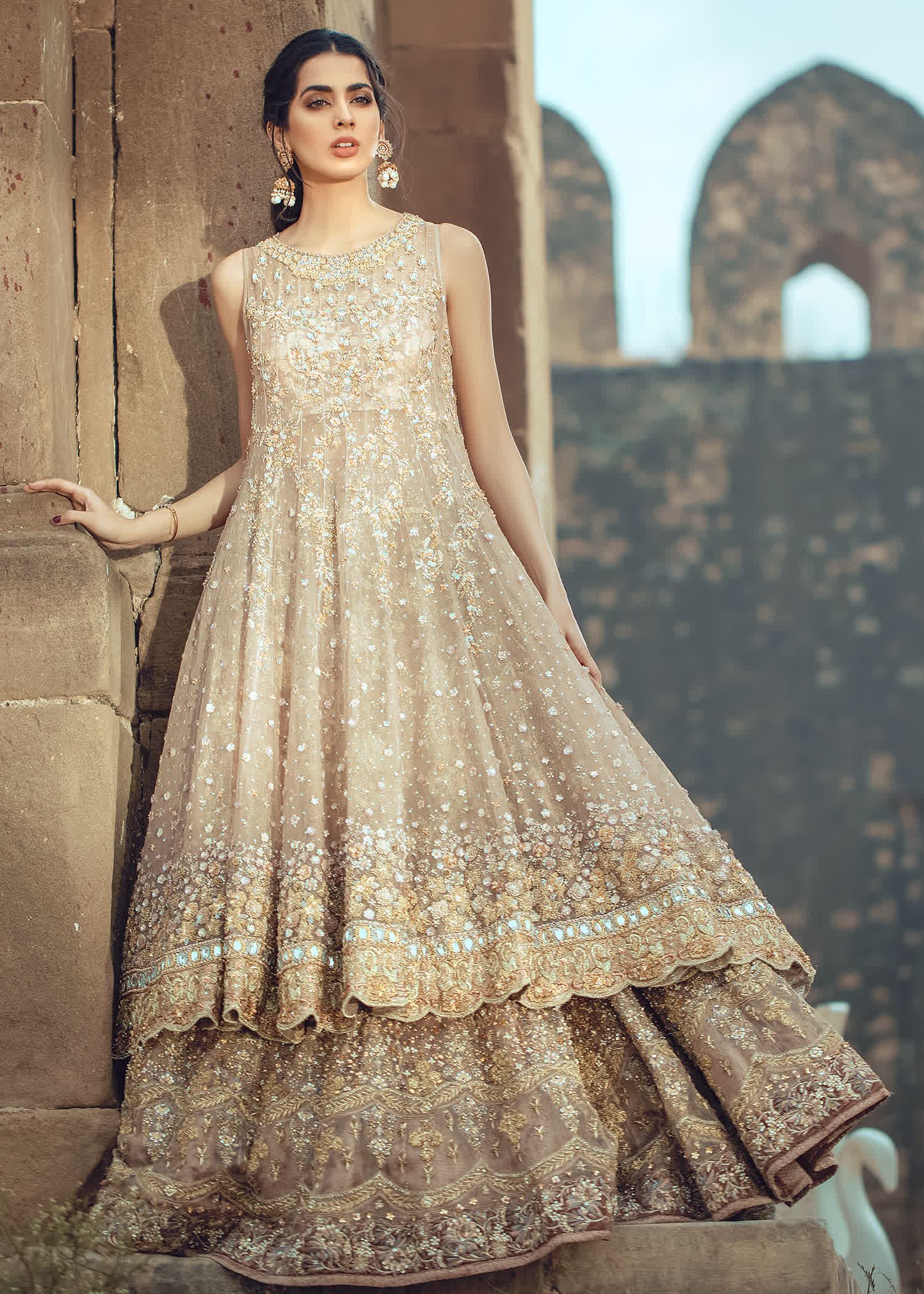 Pakistani Champagne Gold Embellished Net Bridal Lehenga (3-Piece) - Image 1