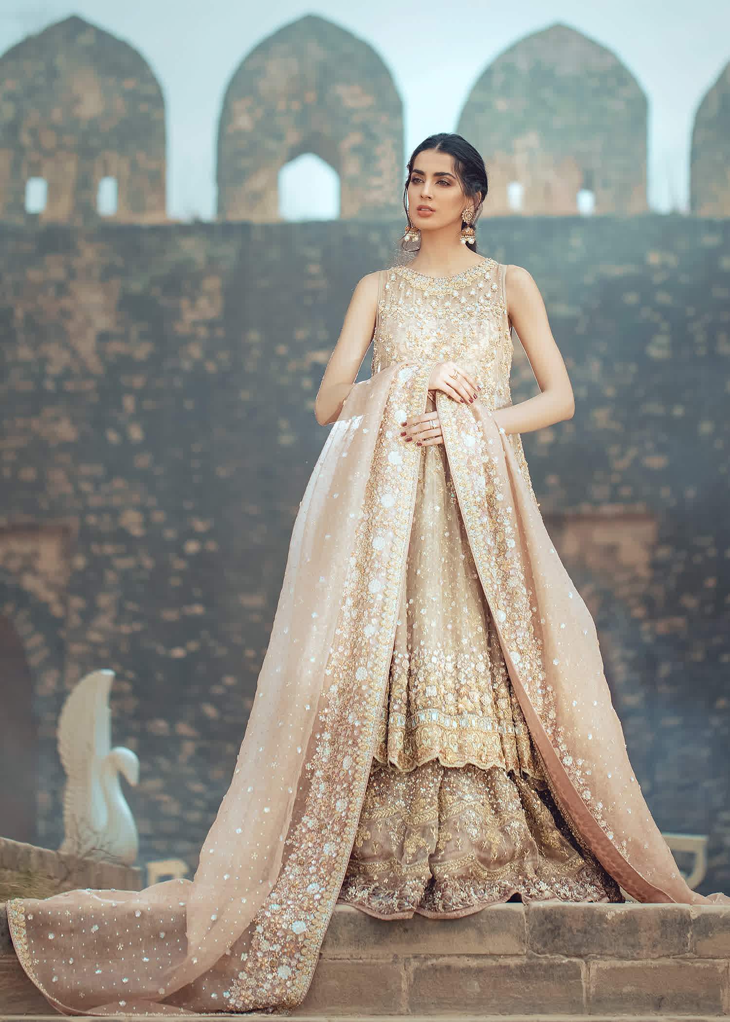 Pakistani Champagne Gold Embellished Net Bridal Lehenga (3-Piece) - Image 6