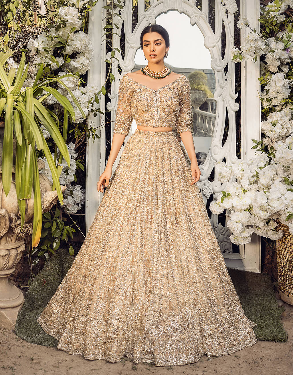 Gold Embroidered Net Lehenga Set (3-Piece) - Image 1