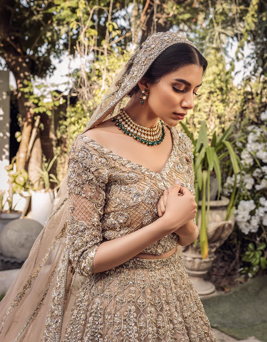 Gold Embroidered Net Lehenga Set (3-Piece) - Image 3