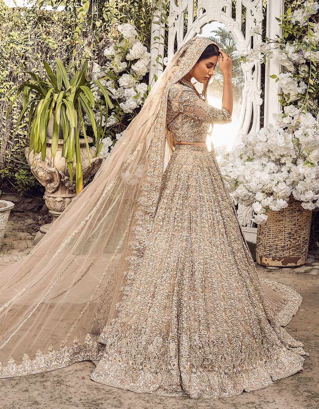 Gold Embroidered Net Lehenga Set (3-Piece) - Image 4