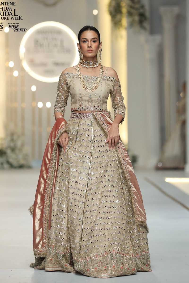 Champagne Mirror Work Net Bridal Lehenga (3-Piece) - Image 1