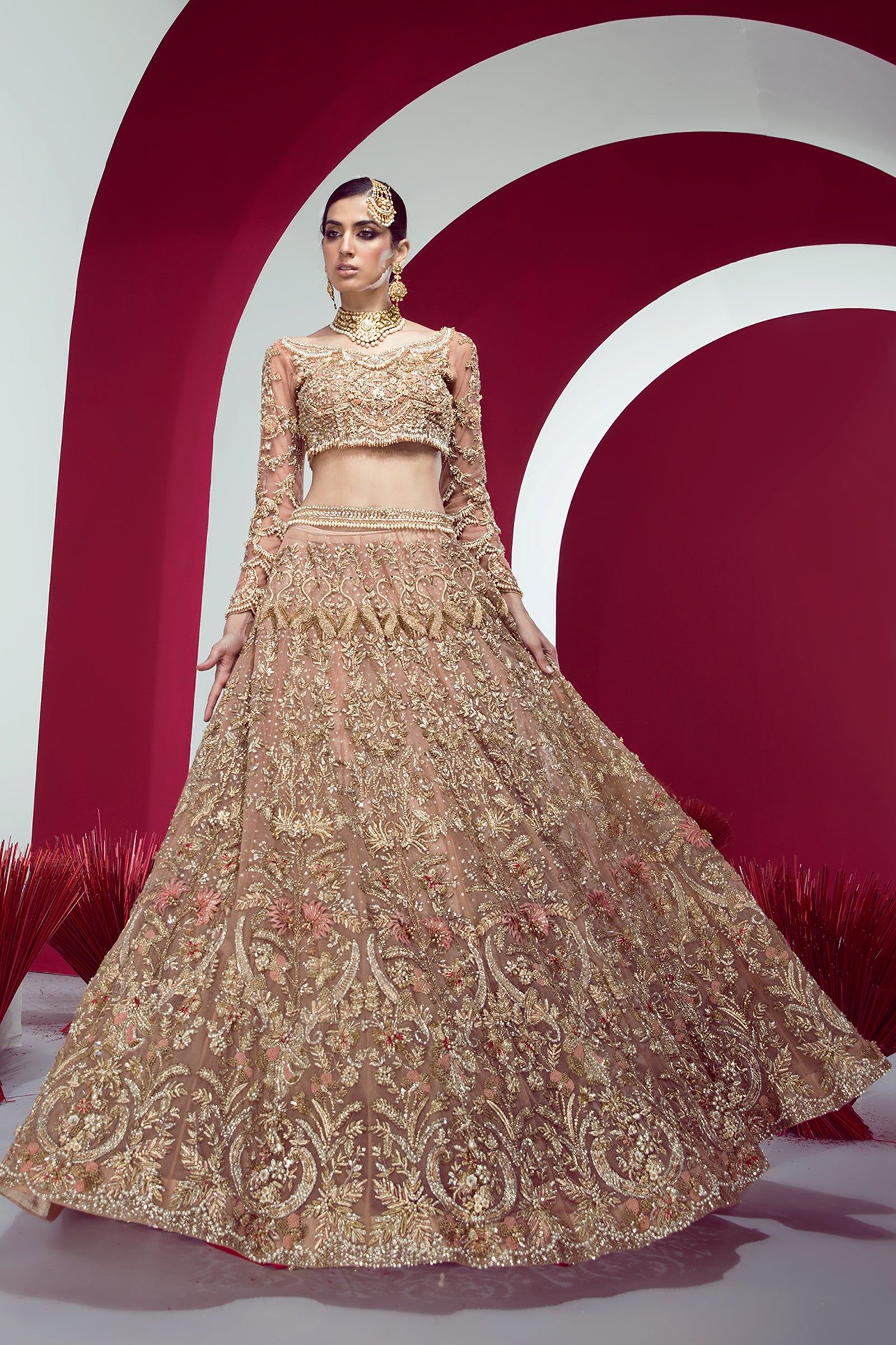 Gold Peach Hand-Embellished Net Lehenga Choli (3-Piece) - Image 1
