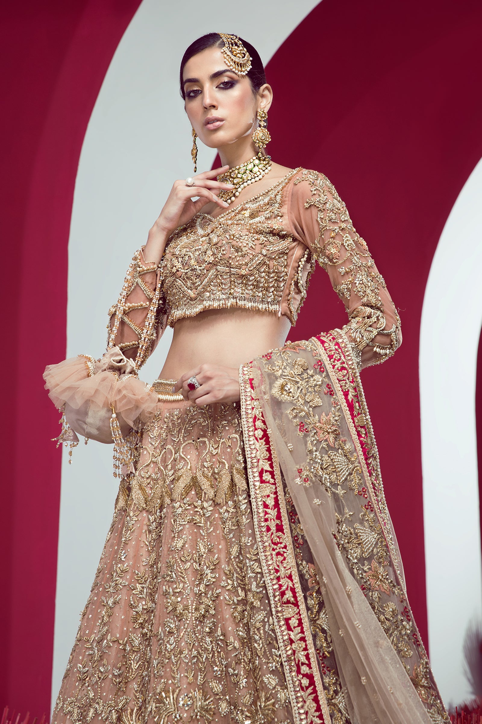 Gold Peach Hand-Embellished Net Lehenga Choli (3-Piece) - Image 2