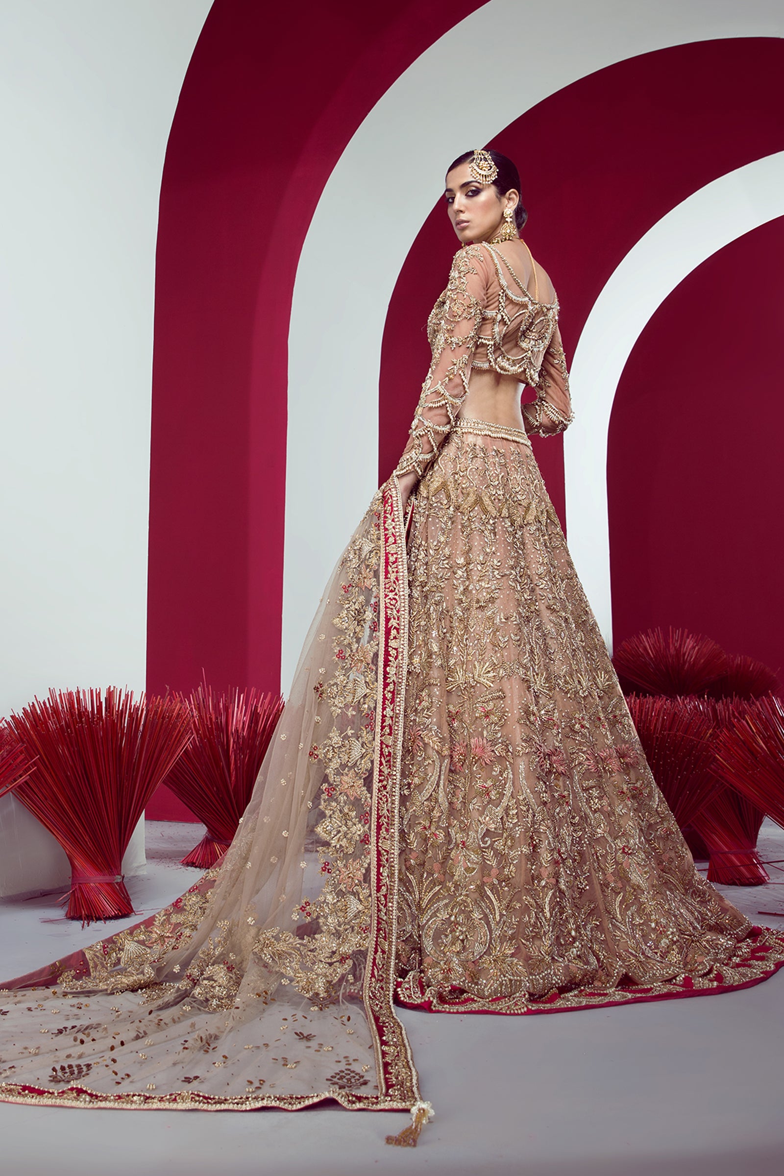 Gold Peach Hand-Embellished Net Lehenga Choli (3-Piece) - Image 3