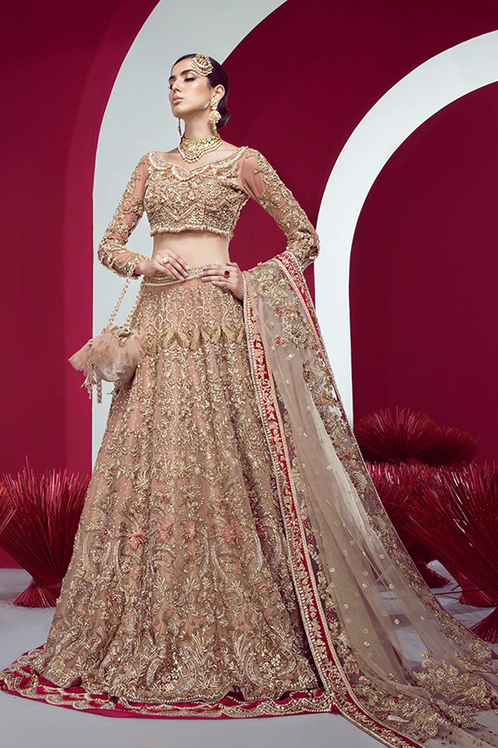 Gold Peach Hand-Embellished Net Lehenga Choli (3-Piece) - Image 4