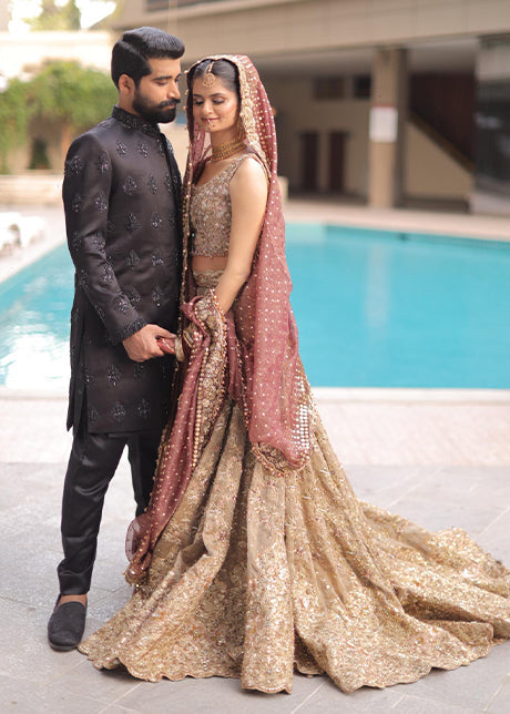 Antique Gold Embellished Net Organza Bridal Lehenga (3-Piece) - Image 18