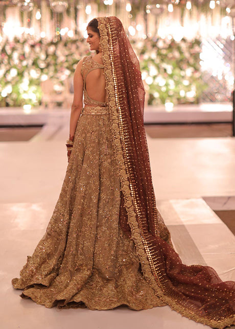 Antique Gold Embellished Net Organza Bridal Lehenga (3-Piece) - Image 4