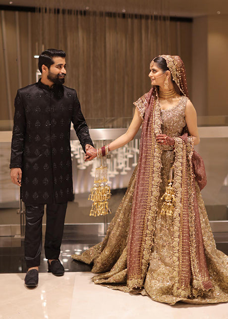 Antique Gold Embellished Net Organza Bridal Lehenga (3-Piece) - Image 6