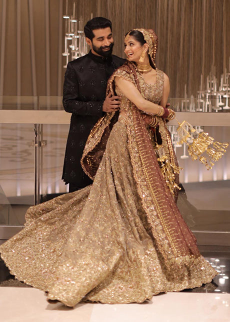 Antique Gold Embellished Net Organza Bridal Lehenga (3-Piece) - Image 7