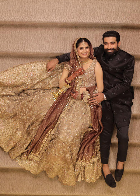 Antique Gold Embellished Net Organza Bridal Lehenga (3-Piece) - Image 8