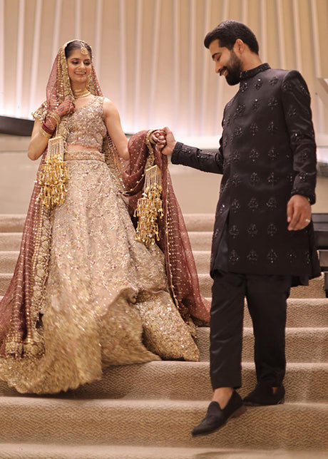 Antique Gold Embellished Net Organza Bridal Lehenga (3-Piece) - Image 9