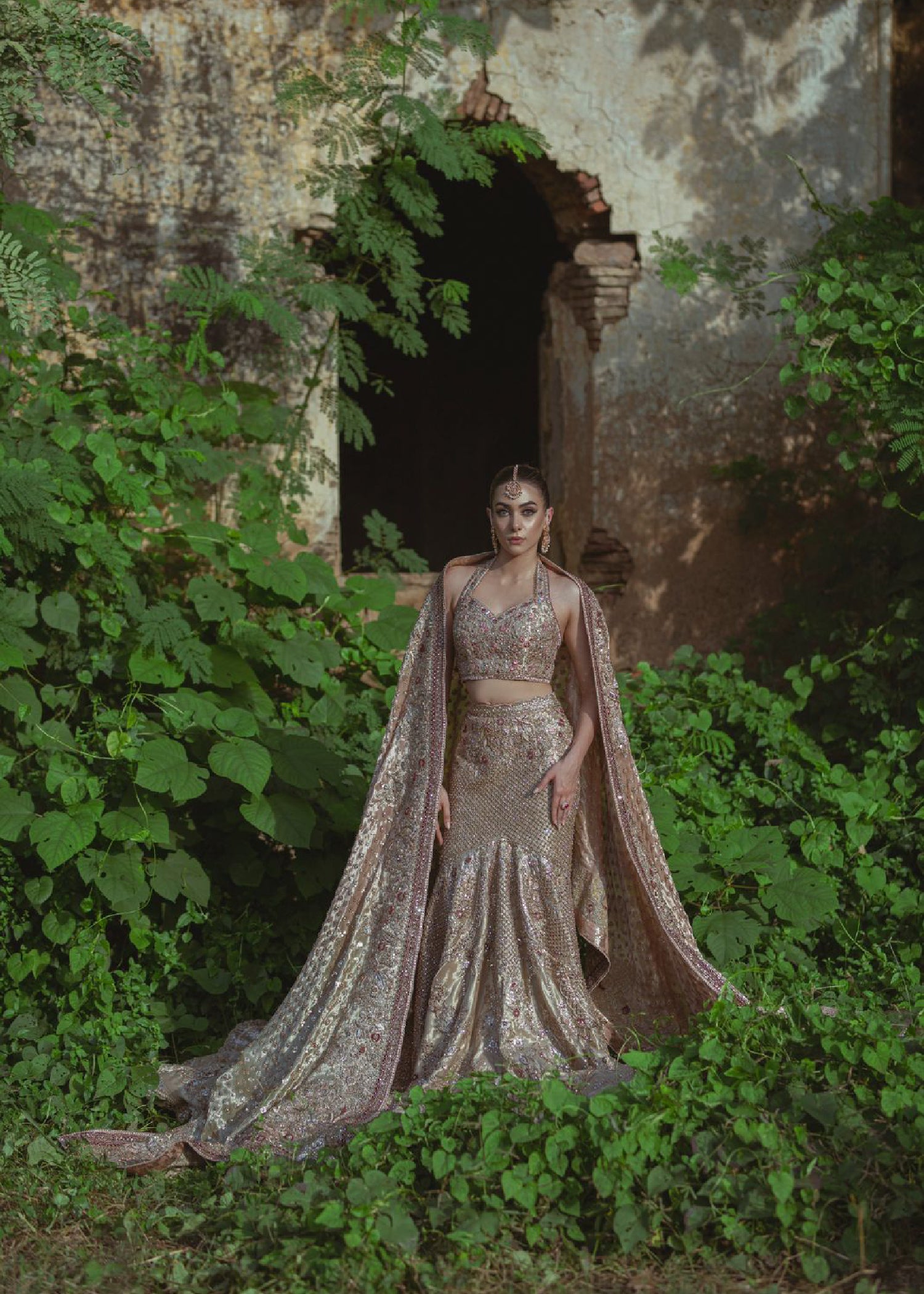 Champagne Gold Embellished Net Organza Lehenga (3-Piece) - Image 1